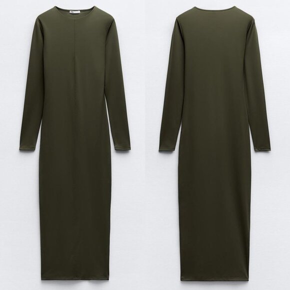 NEW Zara Olive Dark Green Fitted Polyamide Midi Dress S Sleek Stretchy Knit Slim - Picture 4 of 8